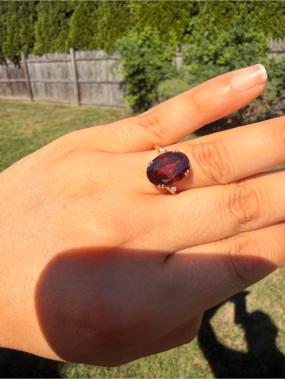 10k Yellow Gold 6.7 Ct Ciana Hessonite Garnet & Two white Topaz Ring Size 8.